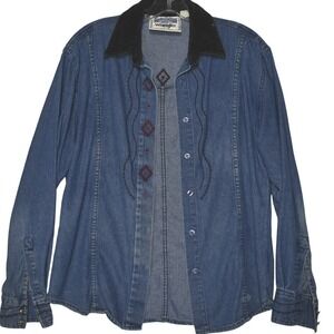 Wrangler Denim Shirt Western Embroidered Long‎ Sleeve Button Up Top Size